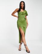 Asos Design One Shoulder Seamed Bust Midi Dress With High Leg Split In Olive-green