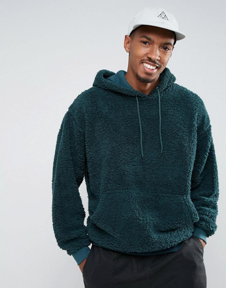 Asos Oversized Hoodie In Borg - Green