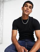 Asos Design Muscle Fit Waffle T-shirt In Black
