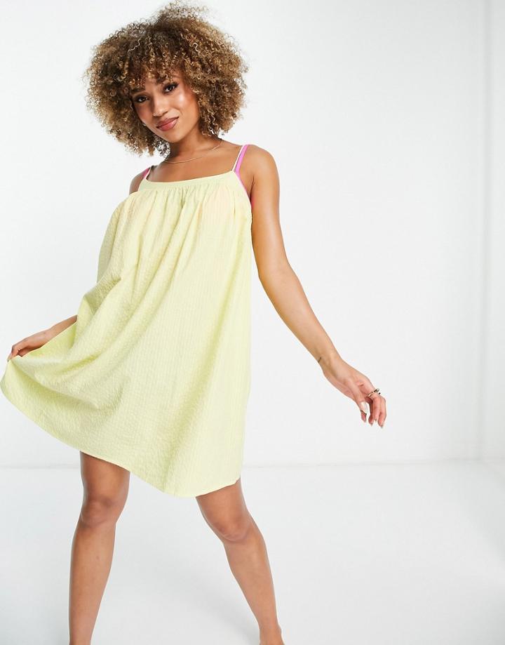 Asos Design Seersucker Bow Back Beach Mini Dress In Yellow