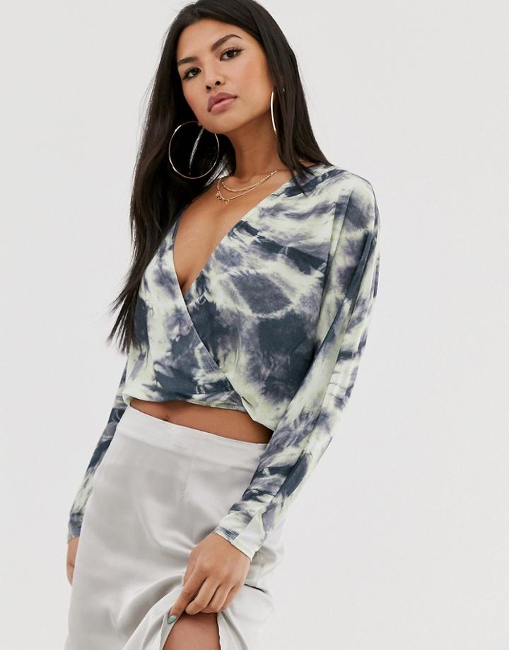 Asos Design Wrap Top In Slinky Fabric With Batwing Sleeve In Tie Dye - Multi