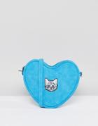 Lazy Oaf Blue Heart Shaped Embroidered Cat Cross Body Bag - Blue