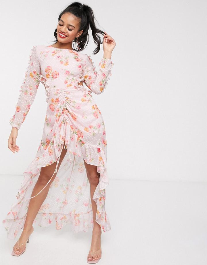 Dark Pink High Low Maxi Dress With Cut Out Back In Blush Print