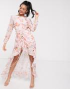 Dark Pink High Low Maxi Dress With Cut Out Back In Blush Print