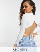 Asos Design Petite Top With Open Back And High Neck In White-black