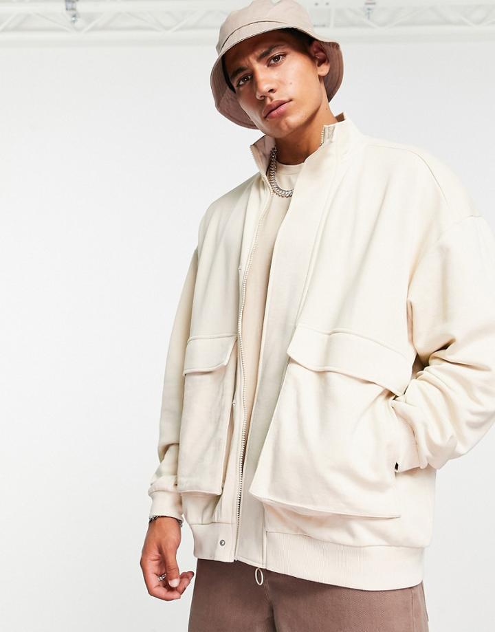 Asos Design Oversized Jersey Track Jacket With Pocket Details In Beige-blues