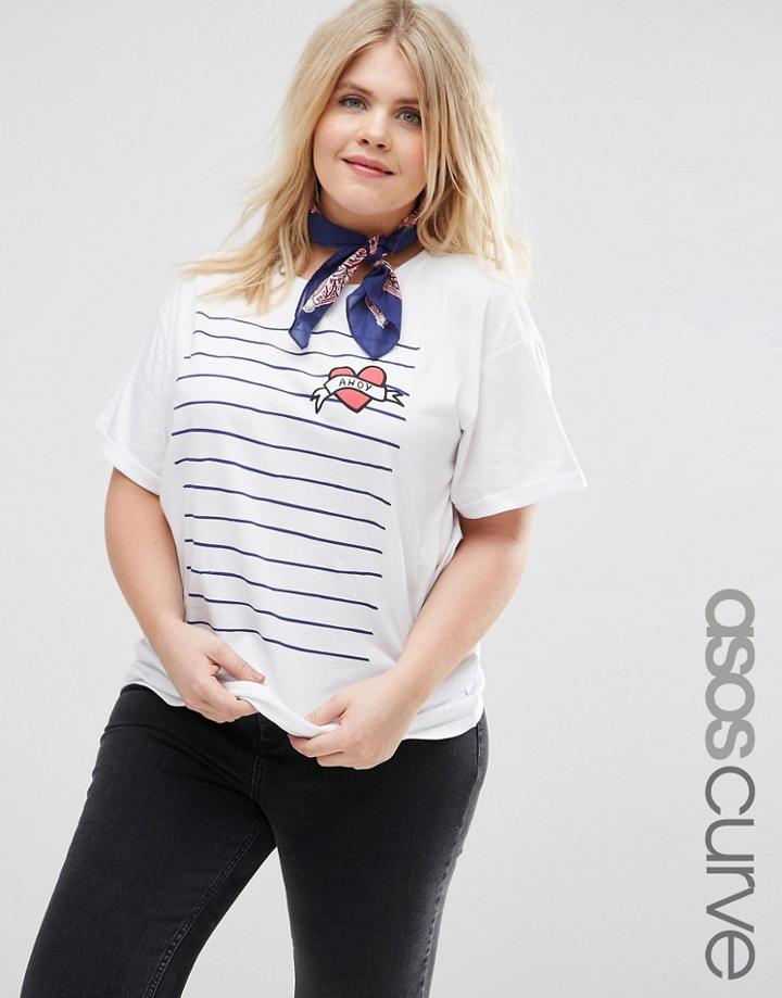 Asos Curve Ahoy Heart Nautical Stripe Boyfriend T-shirt - White