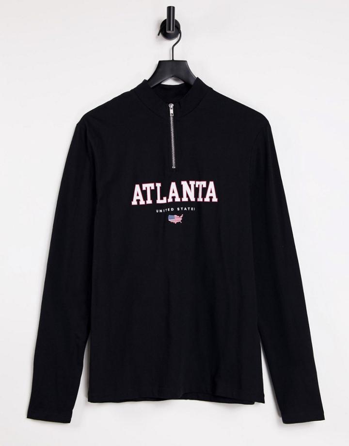 Asos Design Half Zip Long Sleeve Atlanta City Print T-shirt In Black