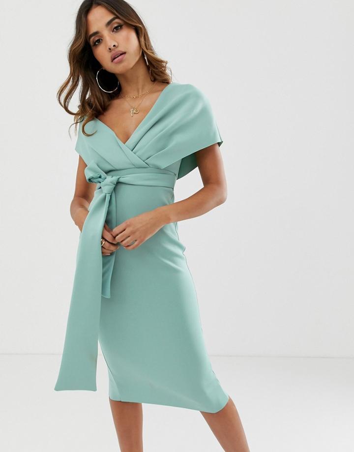 Asos Design Fallen Shoulder Midi Pencil Dress With Tie Detail-blue