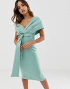 Asos Design Fallen Shoulder Midi Pencil Dress With Tie Detail-blue