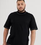 Asos Design Plus Raglan T-shirt With Turtleneck And Contrast Stitching In Black - Black