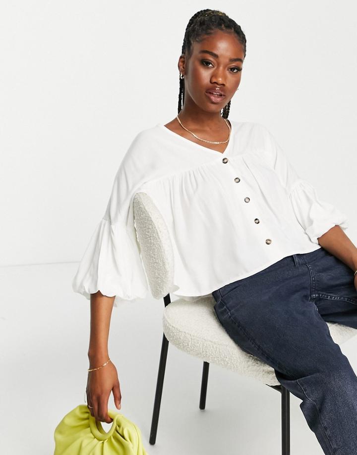 Asos Design Puff Sleeve Button Through Blouse In White