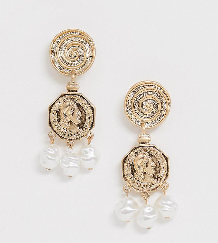 Mango Coin And Faux Pearl Drop Earrings In Gold