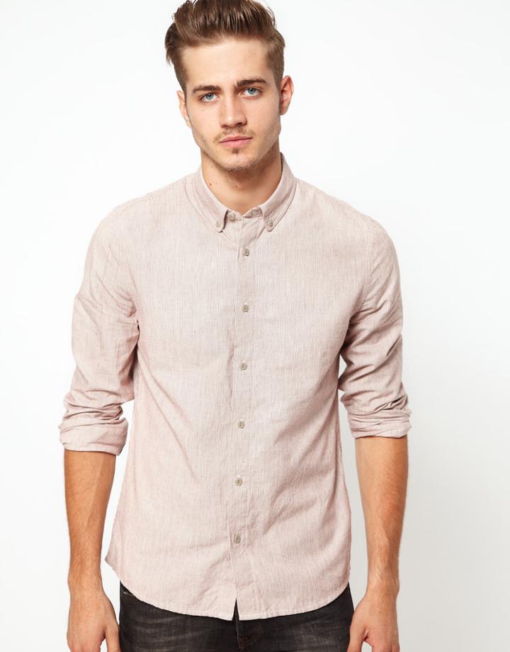 Asos Ticking Stripe Shirt With Button Down Collar