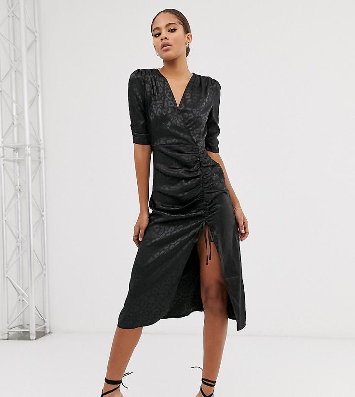 Outrageous Fortune Tall Ruched Midi Dress In Tonal Black Leopard Print - Blue