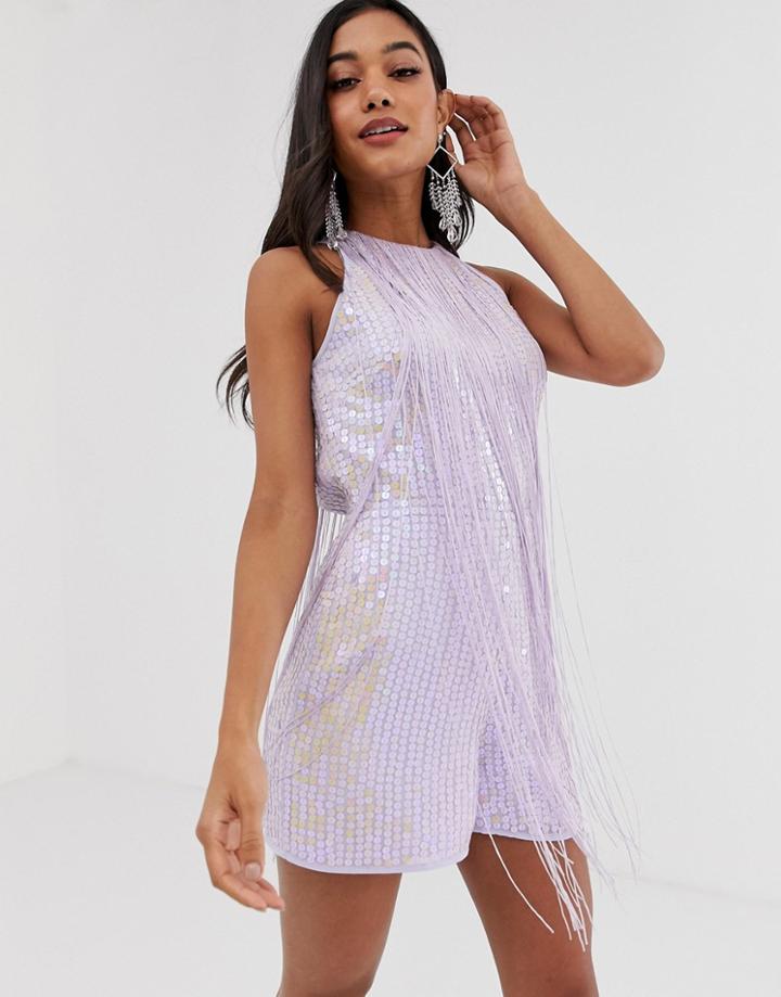 Asos Design Fringed Sequin Embellished High Neck Romper - Purple