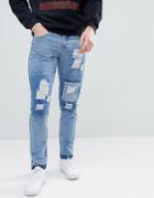 Boohooman Slim Jeans With Rips In Blue Wash - Blue