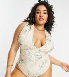 Asos Design Curve Gathered Plunge Swimsuit In Palm Print-multi