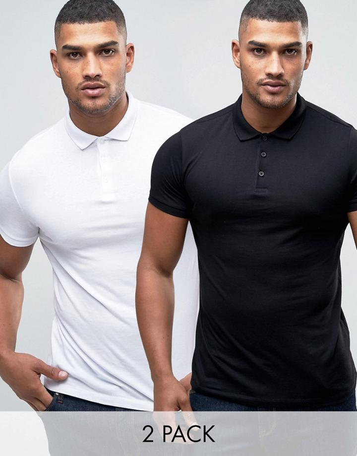 Asos 2 Pack Jersey Polo Shirt In White/black - Multi
