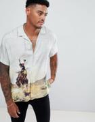 Asos Design Oversized Rodeo Placement Print Shirt With Revere Collar - White