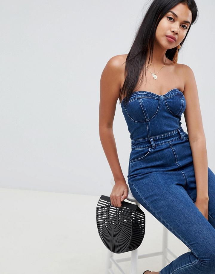 Asos Design Denim Jumpsuit With Bodice Detail - Blue
