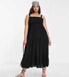 Yours Strappy Shirred Tiered Midi Dress In Black