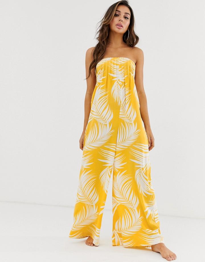 Asos Design Bandeau Beach Jumpsuit With Shirring In Yellow Palm Outline Print-multi