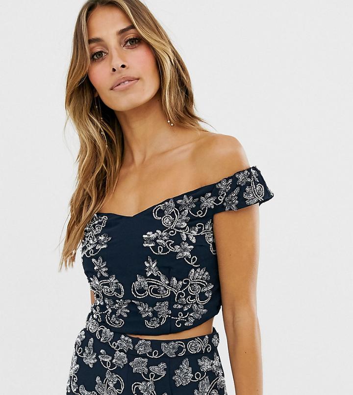 Maya Square Neck Bardot Floral Embellished Crop Top In Navy