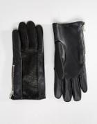 Asos Leather Gloves With Faux Snake Insert In Black - Black