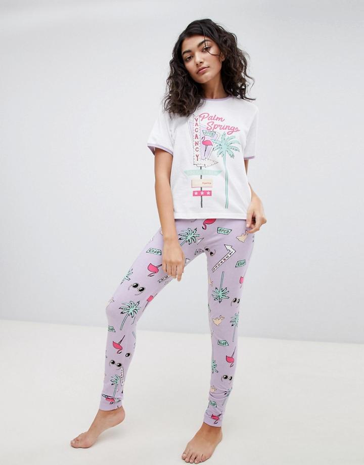 Asos Design Summer Vacay Vintage Style Tee And Legging Pyjama Set - Multi