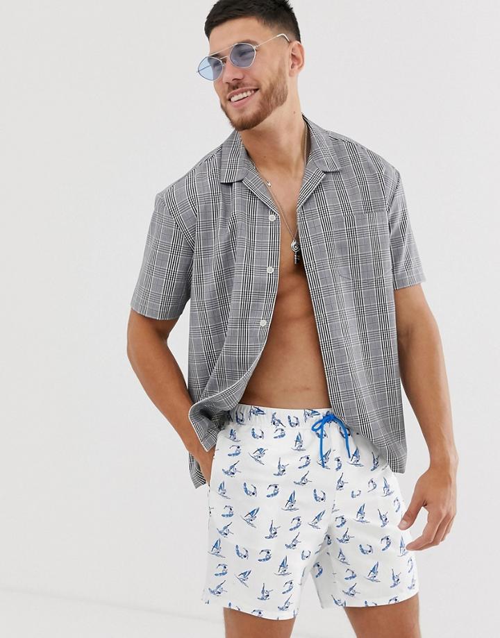 Asos Design Swim Shorts With Surfing Print In Mid Length-white