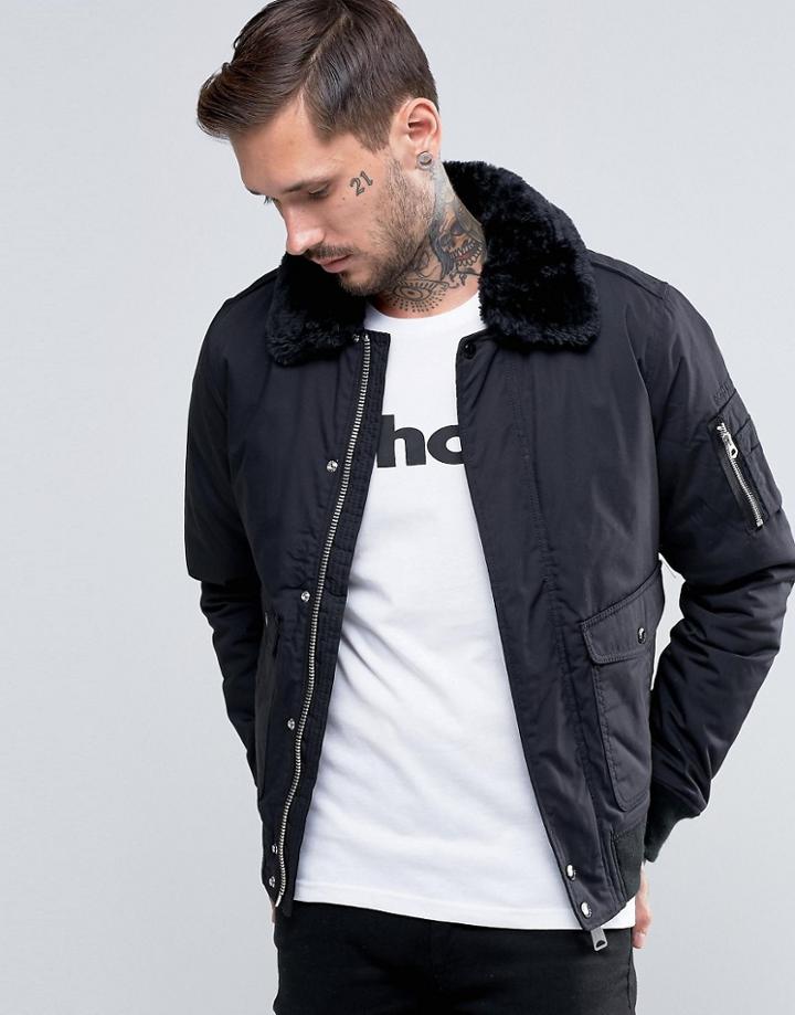 Schott Air Bomber Jacket Faux Fur Collar - Black