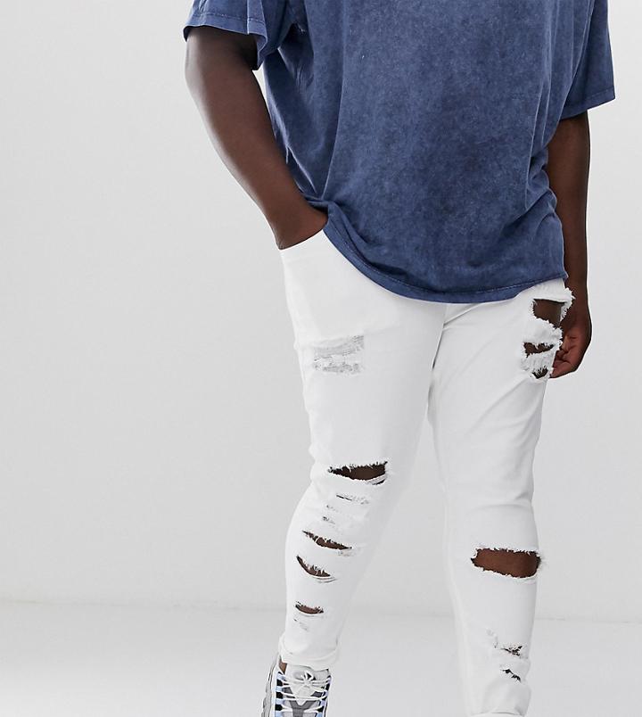 Asos Design Plus Spray On Jeans In Power Stretch With Heavy Rips In White - White