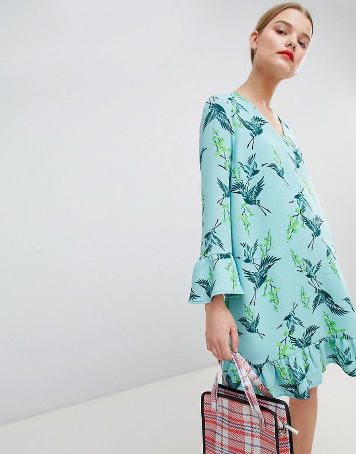 Essentiel Antwerp Drop Waist Dress In Bird Print - Green