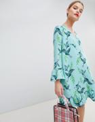 Essentiel Antwerp Drop Waist Dress In Bird Print - Green