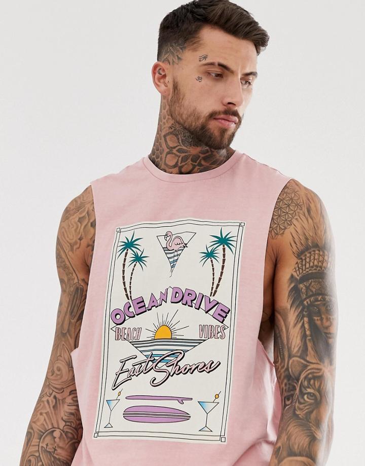 Asos Design Organic Cotton Tank With Dropped Armhole Curved Hem And Ocean Drive Sunset Print In Wash - Pink