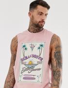 Asos Design Organic Cotton Tank With Dropped Armhole Curved Hem And Ocean Drive Sunset Print In Wash - Pink