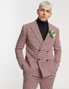Asos Design Wedding Slim Double Breasted Suit Jacket With Large Houndstooth In Burgundy Wool Blend-red