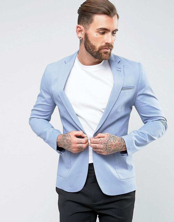 Asos Super Skinny Blazer In Blue Cotton - Blue