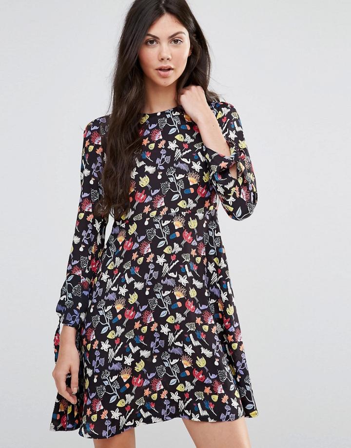 Yumi Scribble Flower Swing Dress - Black