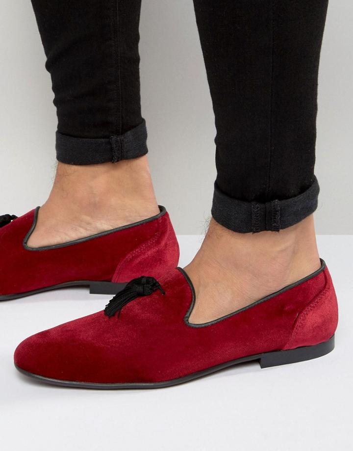 Asos Tassel Loafer In Burgundy Velvet - Red