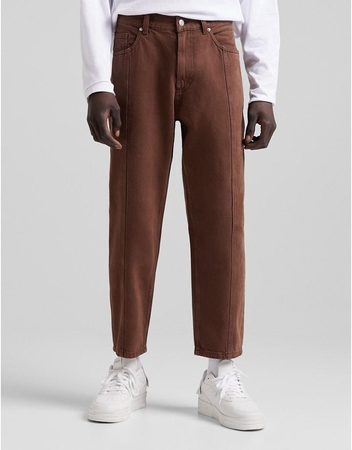 Bershka Straight Fit Cropped Jeans In Brown