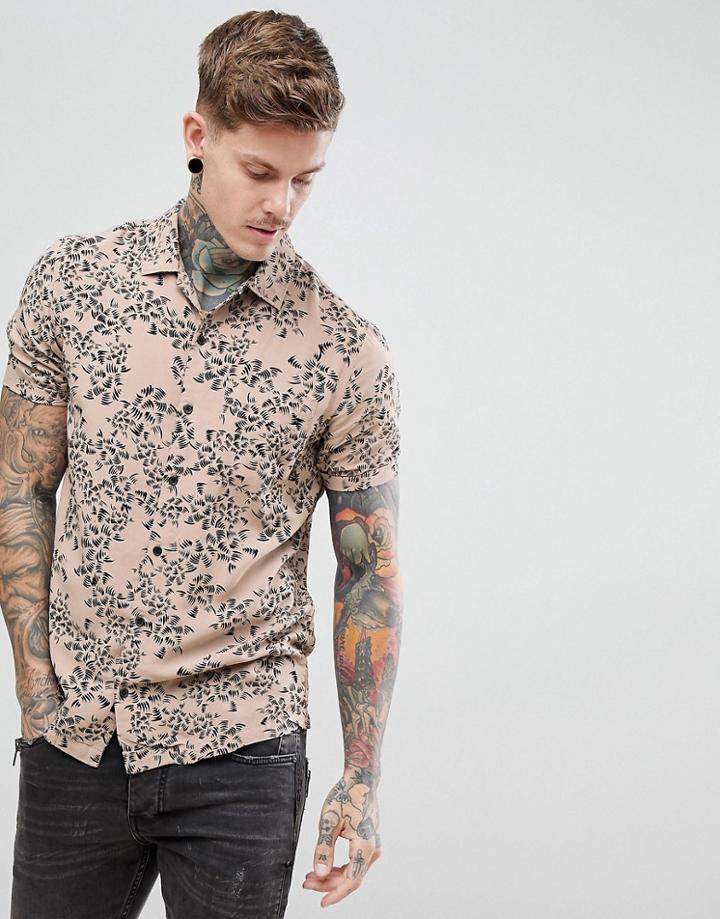 Religion Revere Collar Shirt In Beige With Abstract Print - Stone