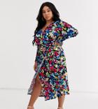 Never Fully Dressed Plus Wrap Satin Midi Skirt In Neon Floral Print-multi