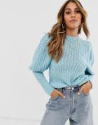 Asos Design Chunky Rib Balloon Sleeve Sweater In Lofty Yarn - Blue