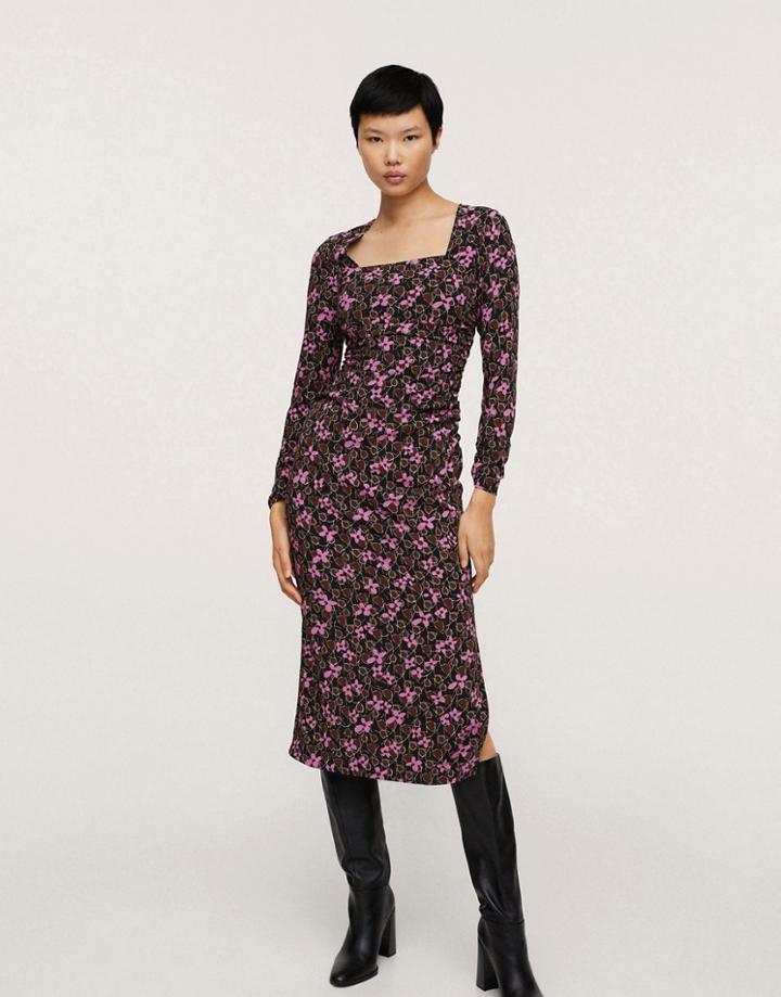 Mango Midi Floral Dress With Square Neck And Side Slit In Black