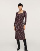 Mango Midi Floral Dress With Square Neck And Side Slit In Black