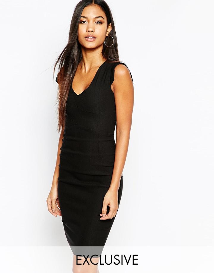 Vesper V Neck Ruched Midi Pencil Dress - Black