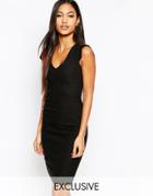 Vesper V Neck Ruched Midi Pencil Dress - Black