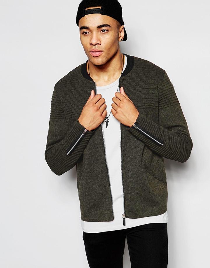 Asos Knitted Bomber With Rib Detail - Khaki